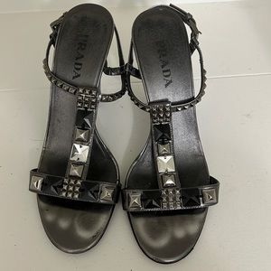 Prada Art Deco Jeweled Silver Heeled Sandals, Sz 37.5